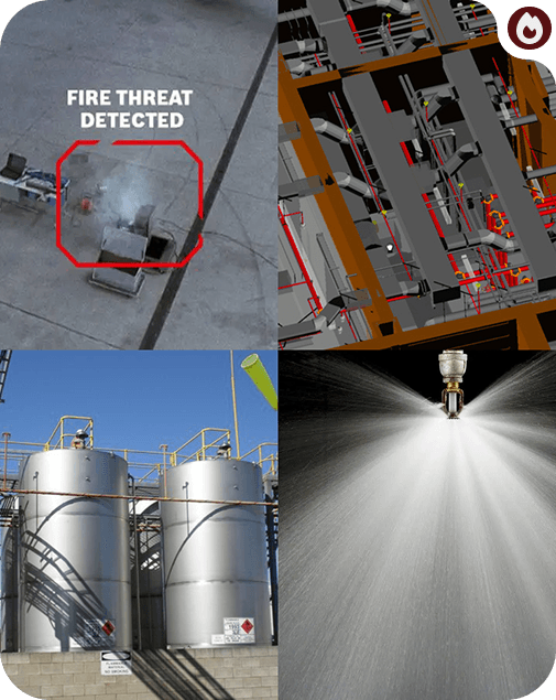 Rebus Safety and Security showcasing their quality services such as video smoke detection systems, water mist fire suppression systems, hazardous chemical storage solutions, and gas detection systems in a dynamic industrial setting.