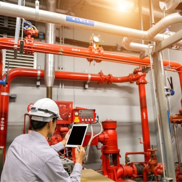 Rebus Safety and Security specialist performing a maintenance audit on a building fire protection system and water supply pipes.
